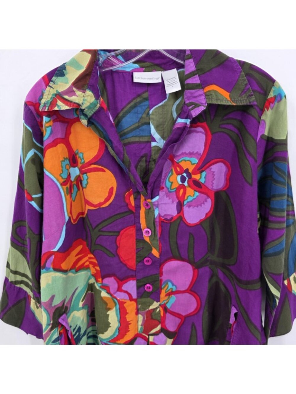 Soft Surroundings Tunic Shirt Women L Purple Floral Pockets Boho Artsy Lagenlook - Picture 4 of 15